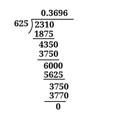 Division of 231 by 625