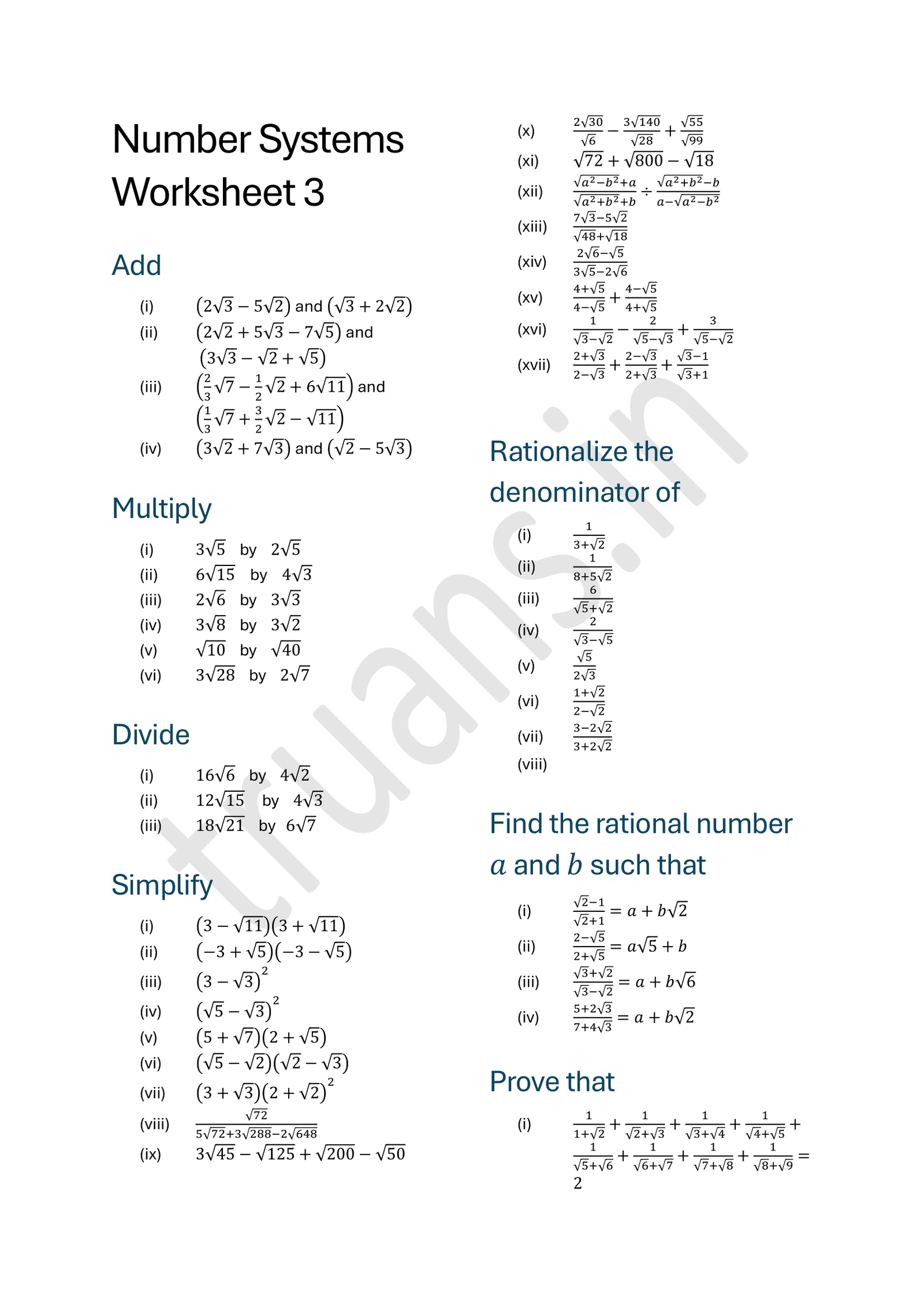 Worksheets on Rationalisation